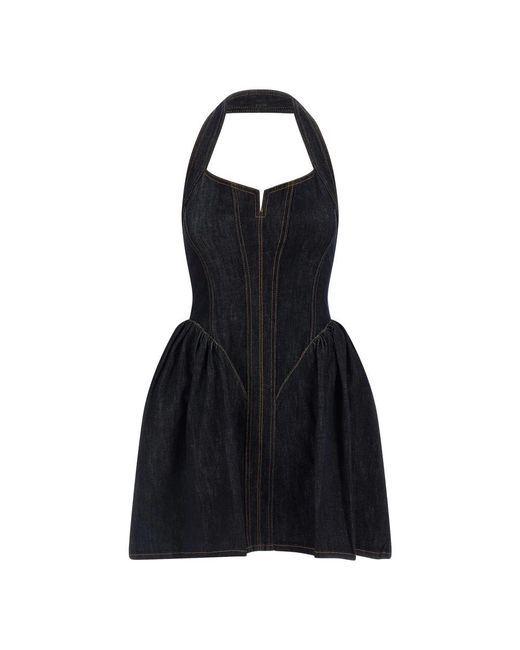 Self-Portrait Denim Halterneck Flared Mini Jurk in het Black