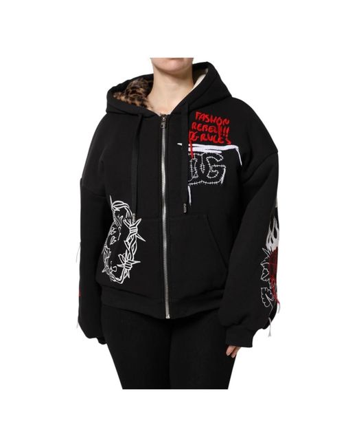 Dolce & Gabbana Hoodies & Sweatvesten ,Zwart ,Katoen Zwarte Geborduurde Rits Hoodie in het Black
