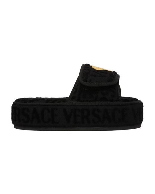 Versace Schoenen ,Zwart ,Katoen Zwarte Barok Slippers Met Medusa Embleem in het Black