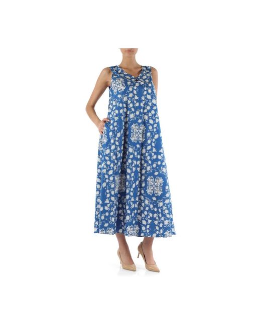 Elena Miro Blue Midi-kleid aus baumwoll-popeline mit v-ausschnitt