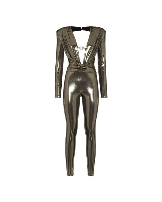 Philipp Plein Jumpsuits & Playsuits ,Geel ,Polyester Padded Shoulder Lamé Jumpsuit in het Yellow