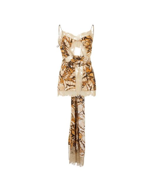 Alberta Ferretti Elegant Jurk Met Natuurlijke Print En Sleep in het Metallic