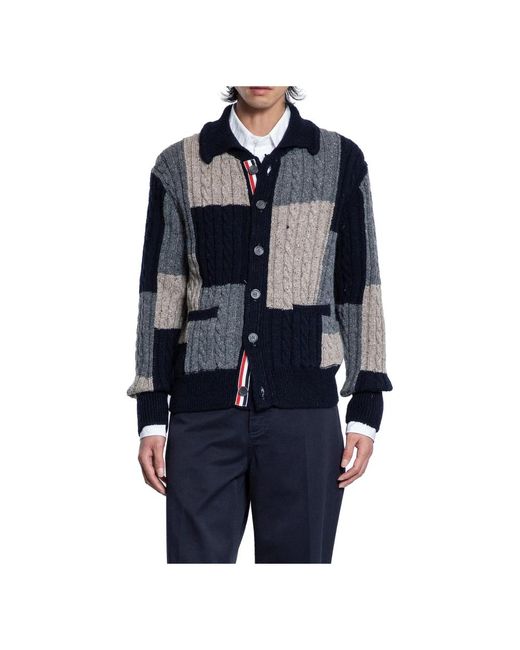 Thom Browne Patchwork Baby Cable Cardigan in het Blue voor heren