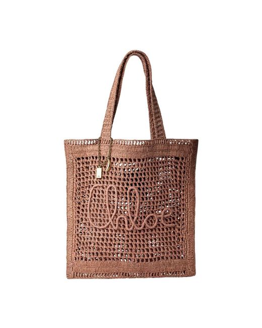 Chloé Brown Raffia Logo-Motiv Tote Bag