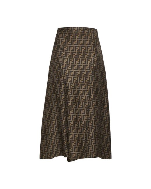 Fendi Rokken ,Bruin ,Zijden Maxi Rok Met Logomotief in het Green