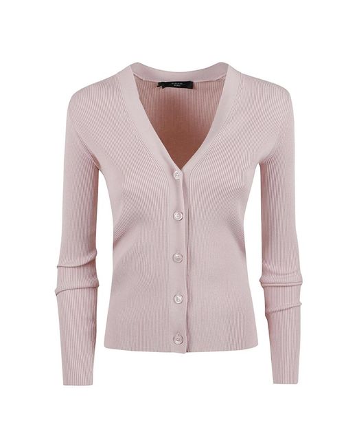 Weekend by Maxmara Truien & Vesten ,Roze ,Polyester Geribbelde Bruine Cardigan Met Moeder Van Parel Knopen in het Pink