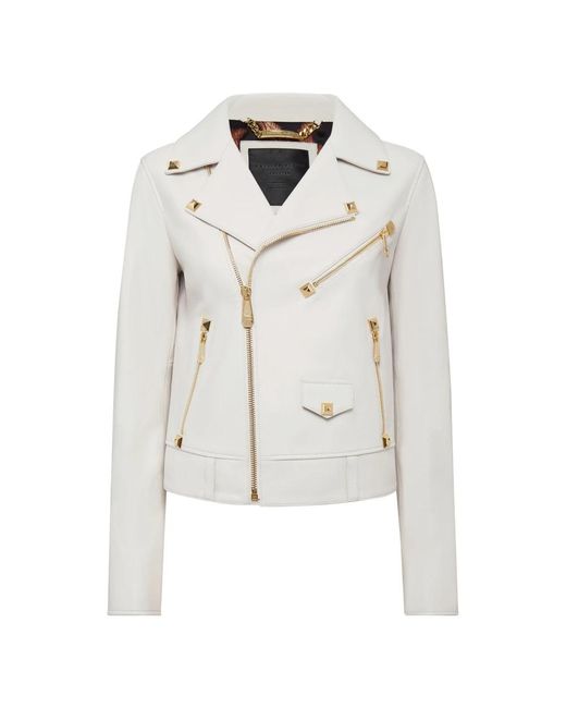 Philipp Plein Jassen ,Wit ,Leer Leather Biker Studs in het White