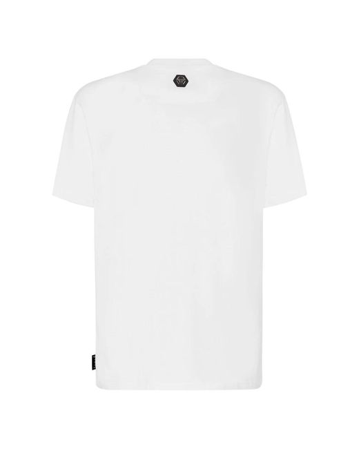 Philipp Plein Tops ,Wit ,Katoen T-Shirt Ronde Hals Ss Skull And Plein Met Kristallen in het White
