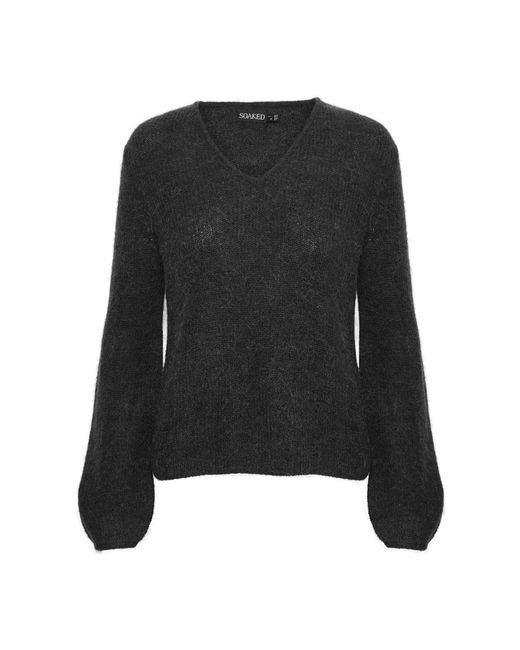 Soaked In Luxury Black Schwarzer V-Ausschnitt Pullover Mit Puffärmeln