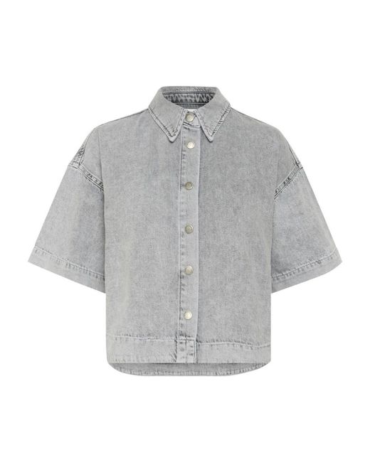 My Essential Wardrobe Gray Boxy Short Denim Hemd Hellgrau
