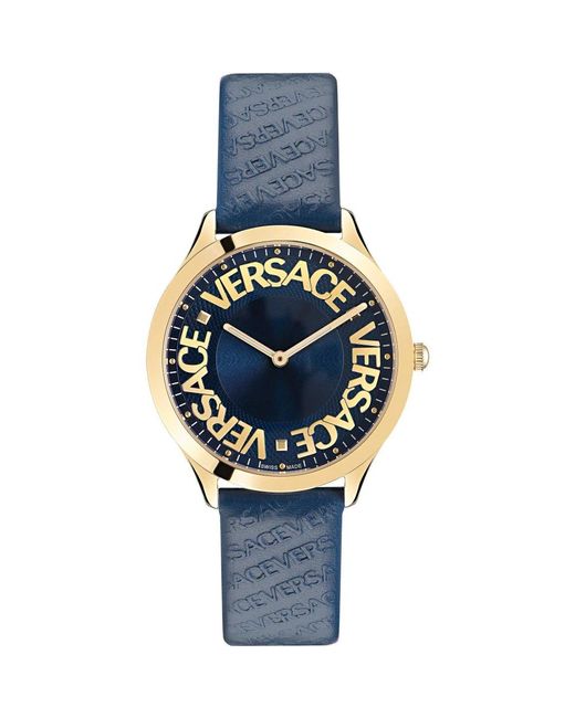 Orologio in pelle blu con logo halo di Versace in Metallic