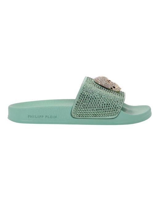Philipp Plein Schoenen ,Groen ,Leer Sandalen Flat Skull With Crystals in het Green