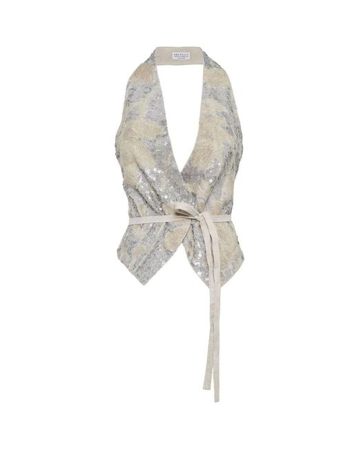 Beige lino ricamato sequin halterneck di Brunello Cucinelli in Multicolor