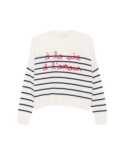 Maison Labiche Gestreepte Kasjmier Trui Met Geborduurde Tekst in het White