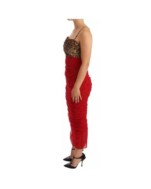 Dolce & Gabbana Red Leopard Rotes Tüll Sheath Midi Kleid