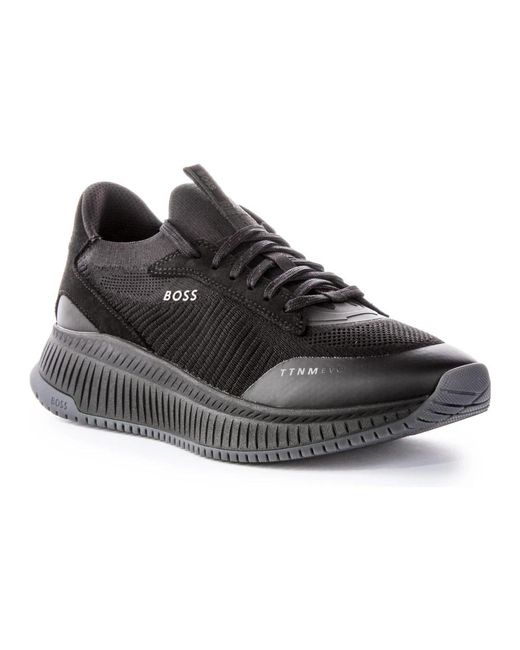 Boss Black Knitted Mesh High-Top Sneakers for men