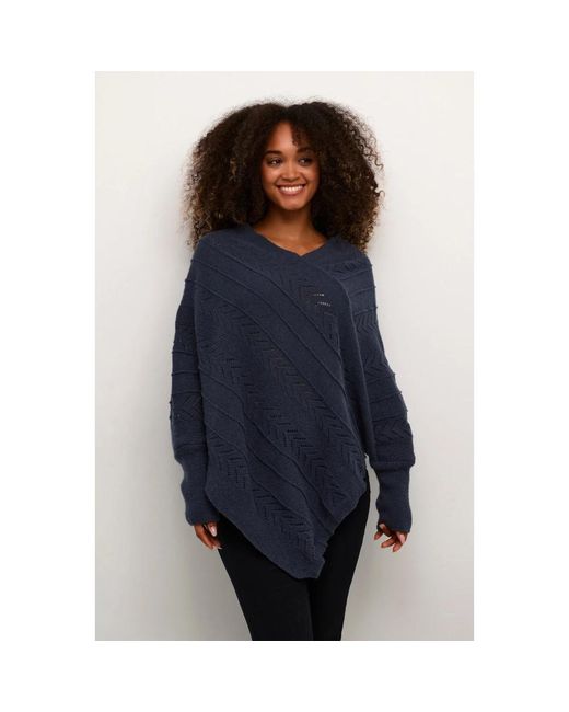 Cream Jassen ,Blauw ,Polyester Gebreide Poncho Met V-Hals Patroon in het Blue