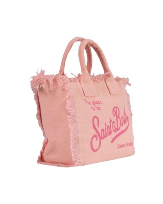 Mc2 Saint Barth Pink Fringed Baumwoll-Canvas-Tasche Mit Logo