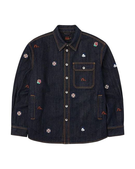 Evisu Overhemden ,Blauw ,Denim Allover Embroidery Regular Fit Denim Shirt Jacket in het Blue voor heren