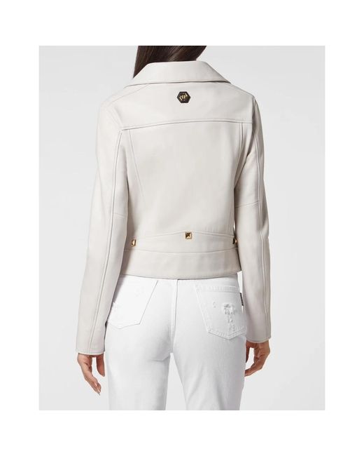 Philipp Plein Jassen ,Wit ,Leer Leather Biker Studs in het White