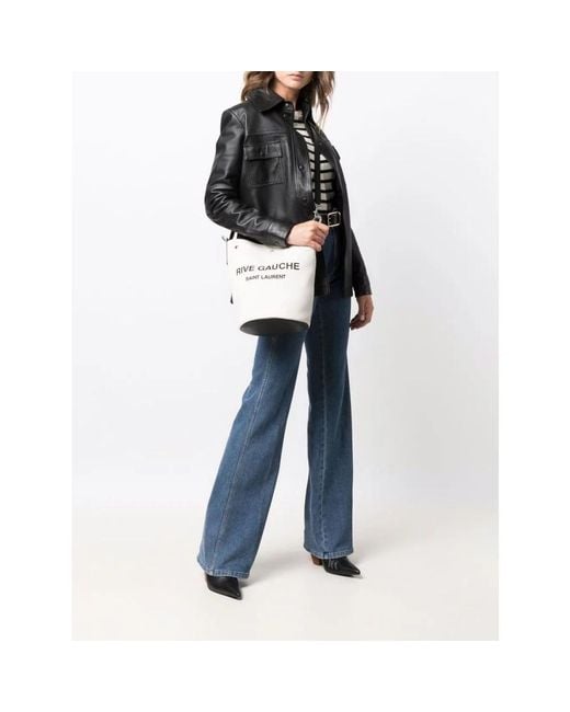 Saint Laurent White Two-Tone Canvas And Leather Medium Rive Gauche Bucket Bag