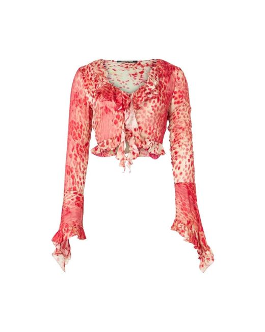 Roberto Cavalli Overhemden ,Rood ,Jaguar Skin Print Ruffle Crop Top in het Red
