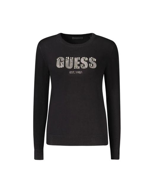 Guess Zwarte Viscose Trui Met Strass Borduurwerk in het Black