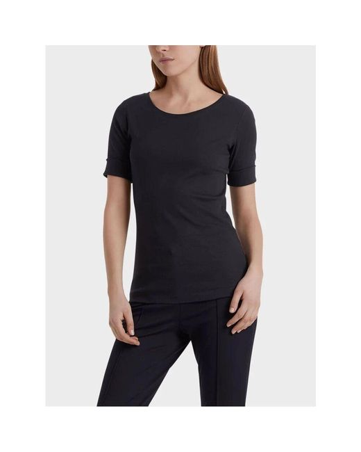 Marc Cain Blue Mitternachtsblaues Geripptes T-Shirt Mit Farblich Abgestimmten Overlock-Nähten