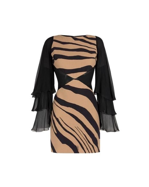 Roberto Cavalli Black Robe À Manches À Volants Et Imprimé Tigre