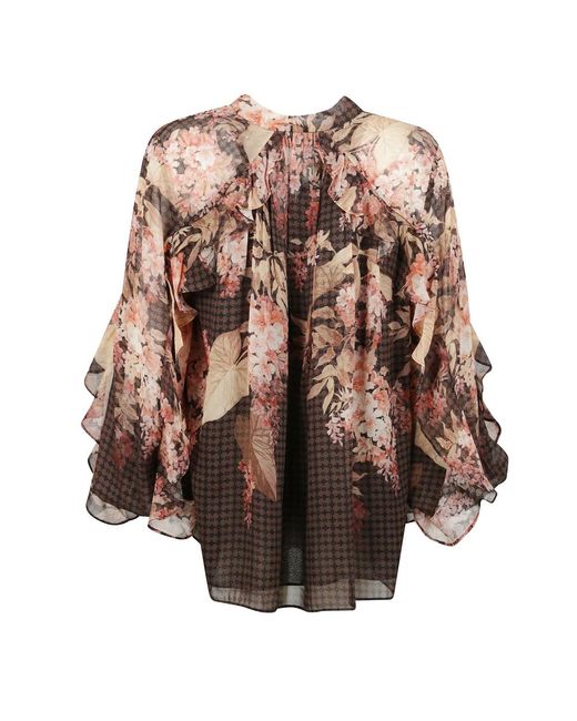Zimmermann Brown Blumige Bluse Mit V-Ausschnitt Und Rüschen