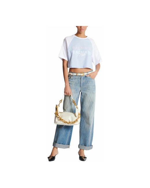 Balmain Tops ,Blauw ,Katoen Cropped T-Shirt Met Parijs Print in het Blue