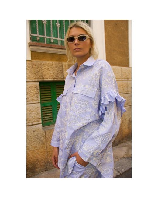 Crās Blue Blumen Bestickte Oversized Hemd
