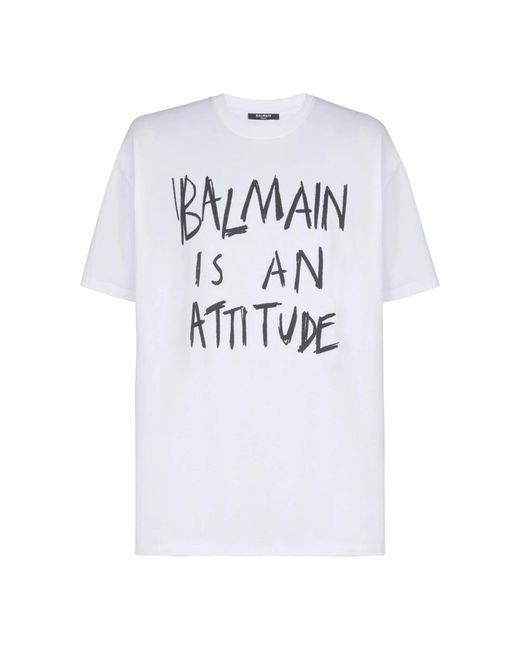 Balmain Tops ,Wit ,Katoen T-Shirt Met Print in het White voor heren