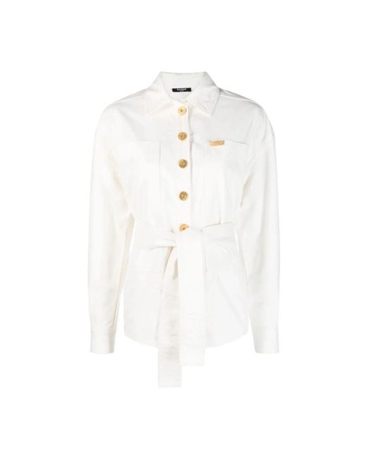 Balmain Jassen ,Wit ,Denim 2 Stuks Denim Overshirt Met Riem in het White