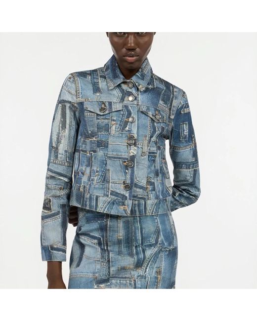Roberto Cavalli Jassen ,Blauw ,Denim Patchwork Denim Jack Met Slangknopen in het Blue