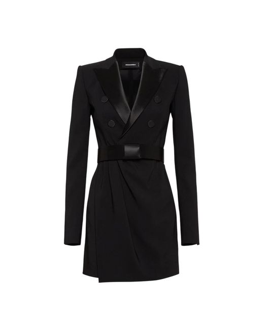 DSquared² Black Schwarzes Doppelreihiges Kleid Mit Langen Ärmeln