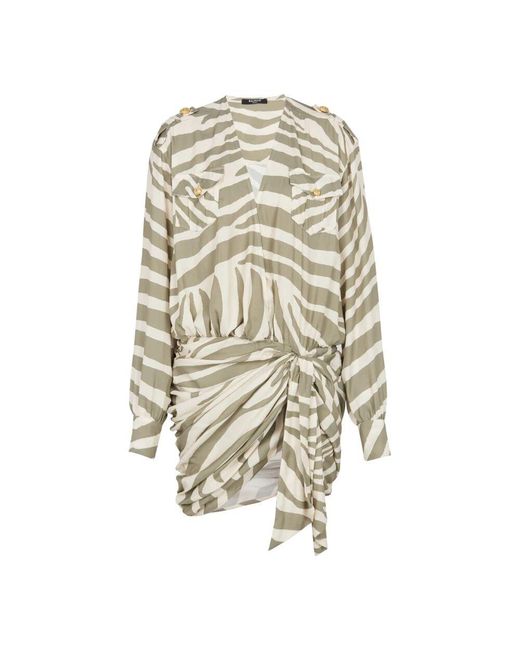 Balmain Natural Drapiertes Kleid mit Zebraprint