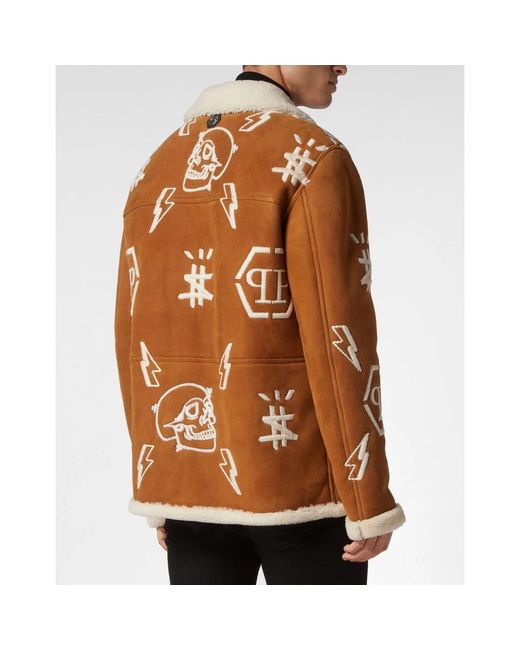 Philipp Plein Shearling Lange Jas Monogram in het Brown voor heren