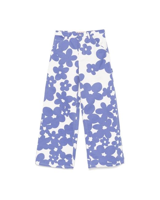 Marni Broeken ,Veelkleurig ,Denim Floral Denim Broek in het Blue