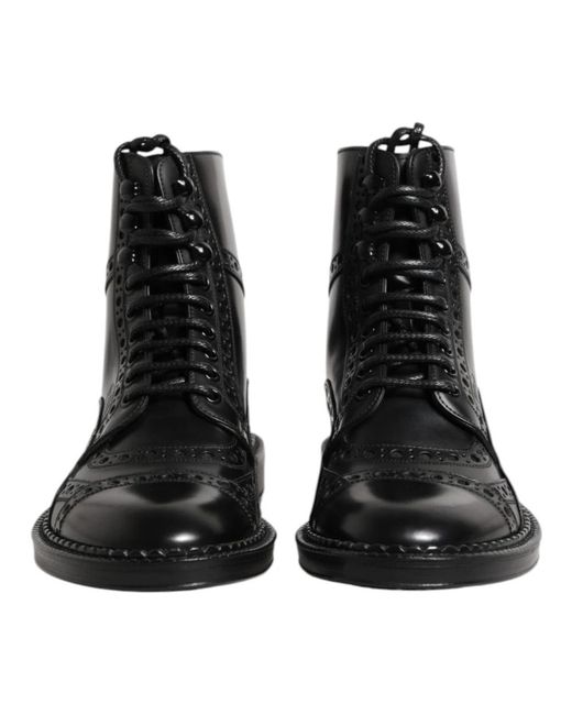 Dolce & Gabbana Black Leather Lace Up Mid Calf Boots Shoes for men
