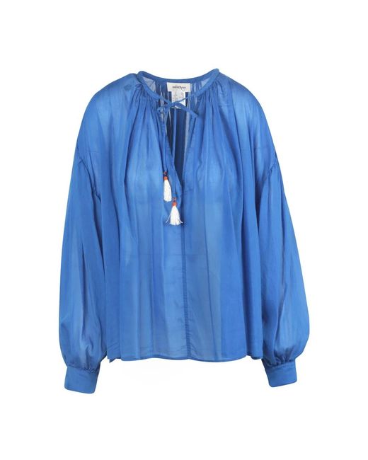 Blusa de algodón y seda con cuello ajustable y borlas Ottod'Ame de color Blue