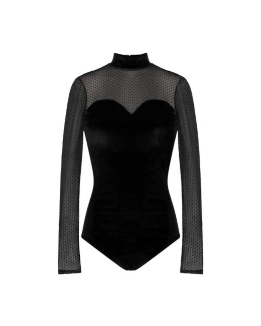 Naf Naf Tops ,Zwart ,Polyester Fluwelen Body Met Transparante Details in het Black