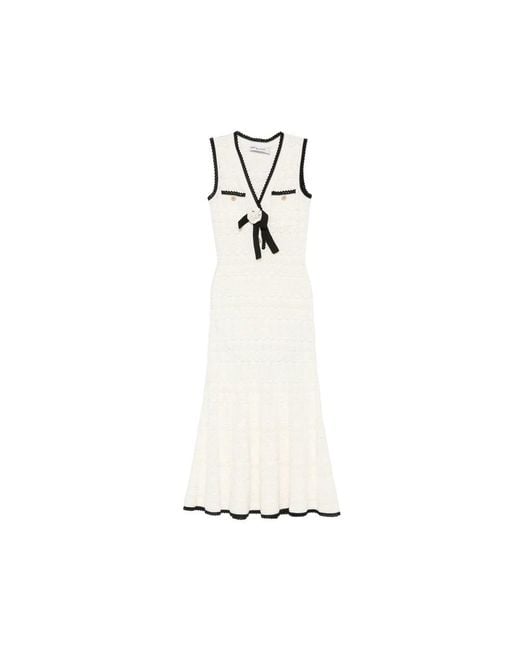Self-Portrait White Dress Pointelle V-Neck Bow Detail