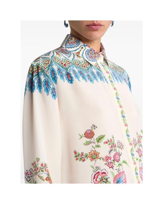 Etro Overhemden ,Veelkleurig ,Lange Zijden Blouse Met Geplaatste Bloemenprint in het Blue