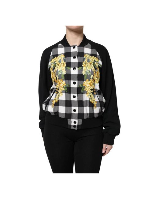 Dolce & Gabbana Jassen ,Veelkleurig ,Zwart Wit Geruit Bloemen Knoop Down Jas in het Black