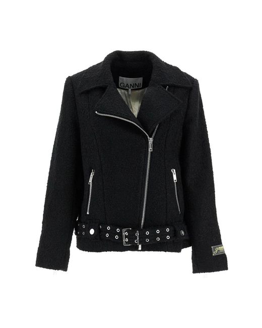 Ganni Jassen ,Zwart ,Wol Bouclé Jas Met Asymmetrische Rits in het Black