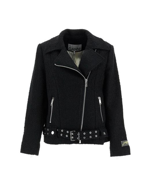 Ganni Jassen ,Zwart ,Wol Bouclé Jas Met Asymmetrische Rits in het Black