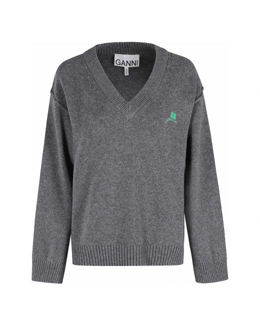 Ganni Core Future Wool Mix V Neck in het Gray