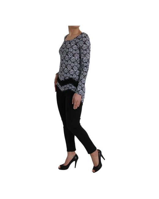 Just Cavalli Overhemden ,Blauw ,Blauwe Bloemen Kant Lange Mouw Top in het Black