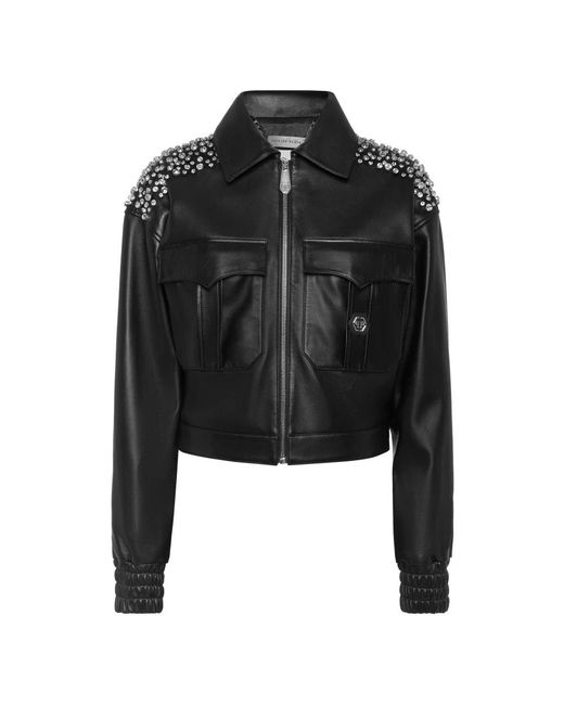 Philipp Plein Jassen ,Zwart ,Leer Boxy Cargo Bomber Deluxe Signature in het Black